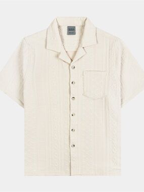 Maison Article Ornate Jaquard Button Up Short Sleeve Beige Shirt Men’s Size S